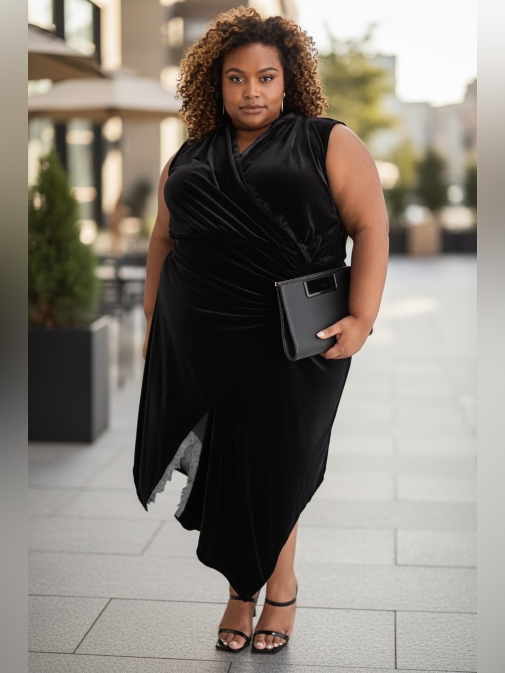 NWT Ashley Graham X Peppercorn Black Velvet Asymmetrical Dress Lace Trim Size 2X
